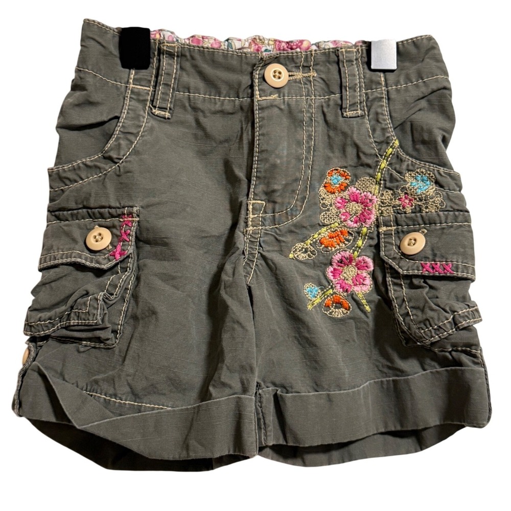 Mimi & Maggie Girls Olive Green Floral Embroidered Cargo Shorts Size 2T Boho